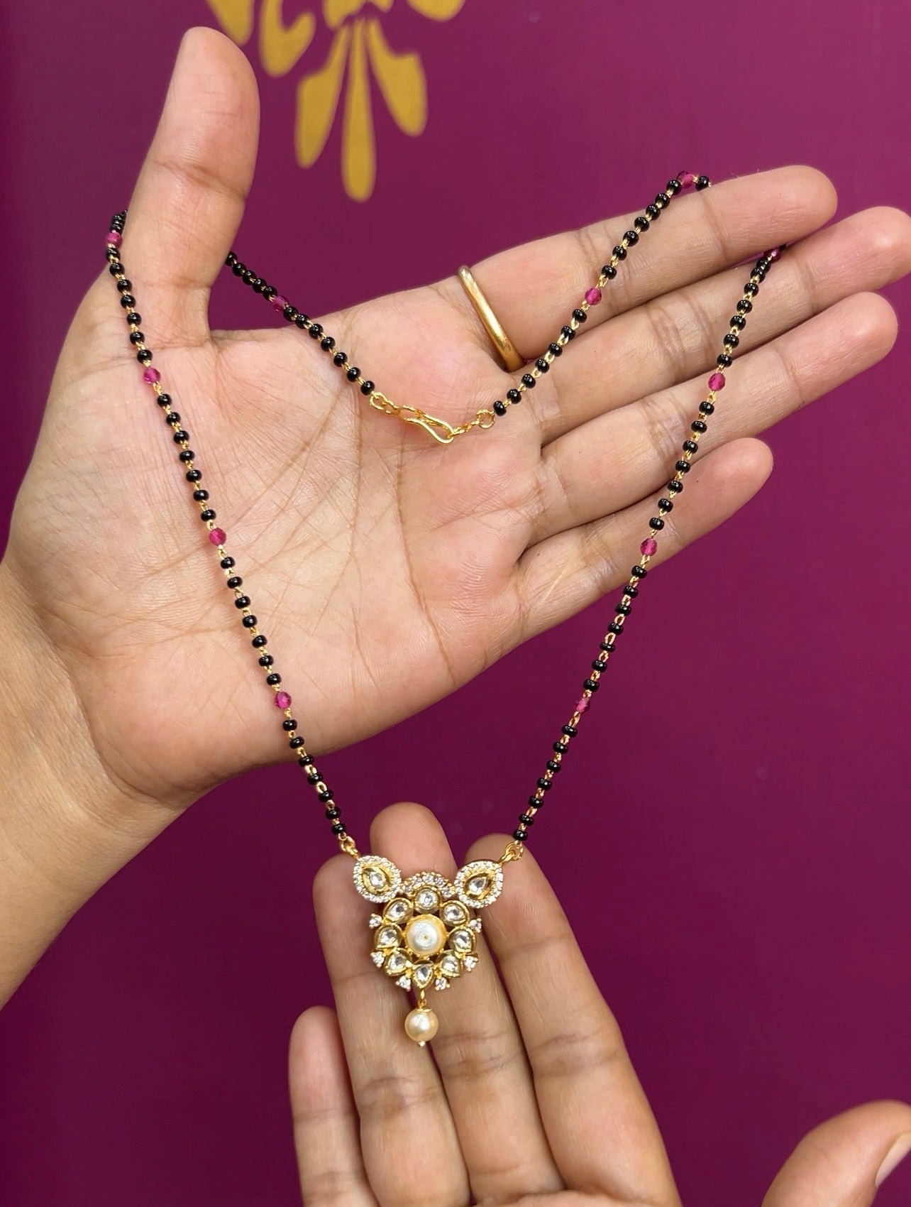 Kundan black beads 16 inches BB004
